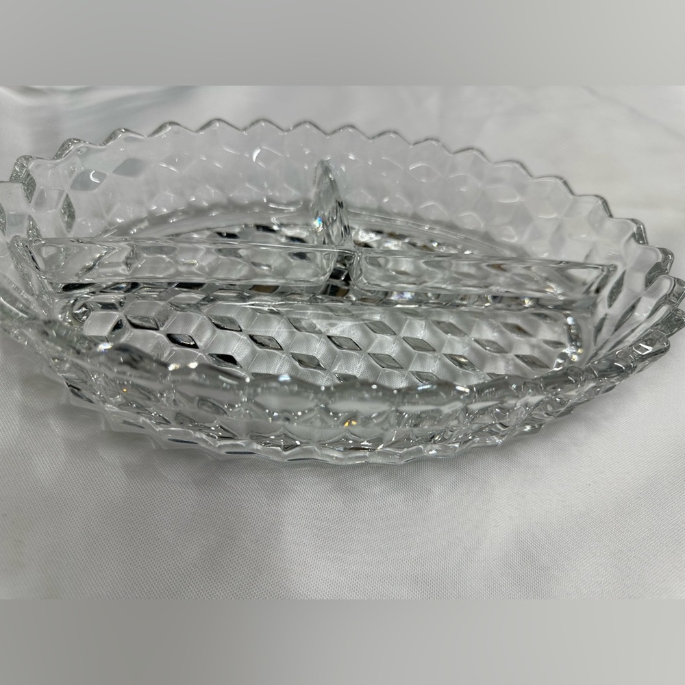 Vintage Fostoria American pattern clear glass 3-part divided relish dish.